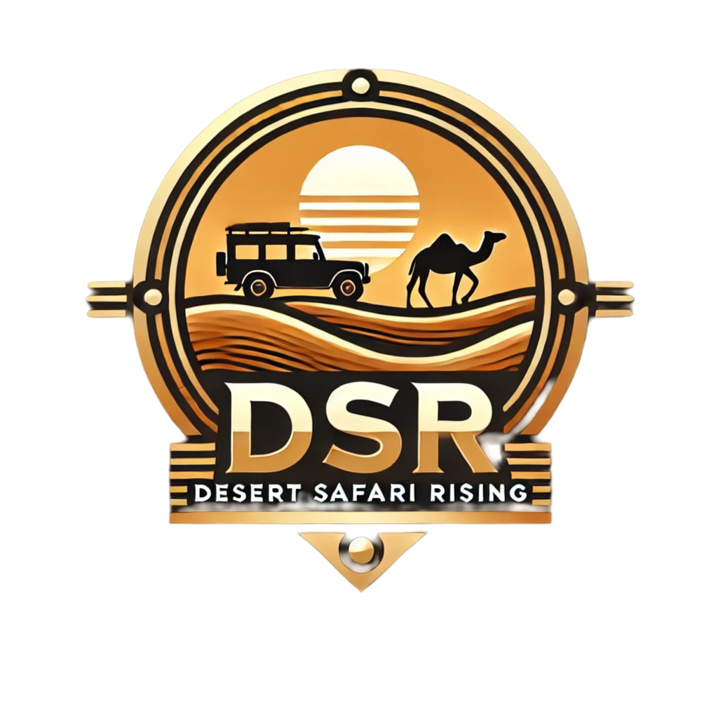 DALL·E 2025 03 08 23.37.23 A professional logo design for Desert Safari Rising DSR. This version features a modern and sleek emblem style design with a desert theme. A risin